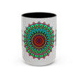 A light grey ceramic mug featuring a colorful mandala art design