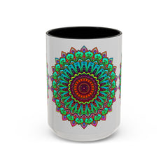 A light grey ceramic mug featuring a colorful mandala art design