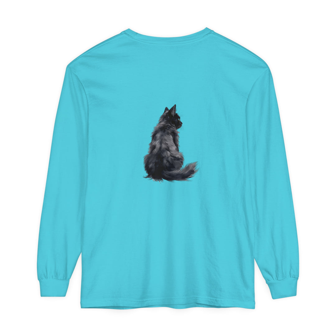 A black cat silhouette against a full moon on a unisex long sleeve t-shirt