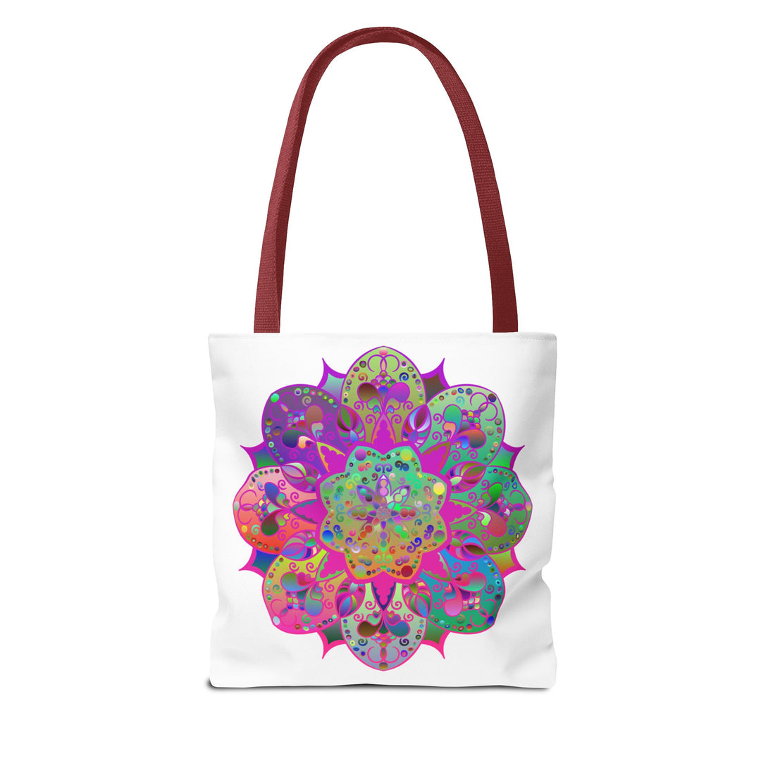 Vibrantly colored mandala print tote bag, perfect for adding a pop of color to your outfit