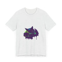 A vibrant and eye-catching Black Cat Mystery Colorful Paint Splatter T-Shirt