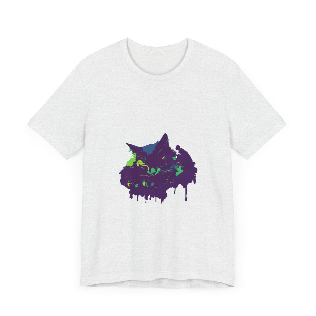 A vibrant and eye-catching Black Cat Mystery Colorful Paint Splatter T-Shirt