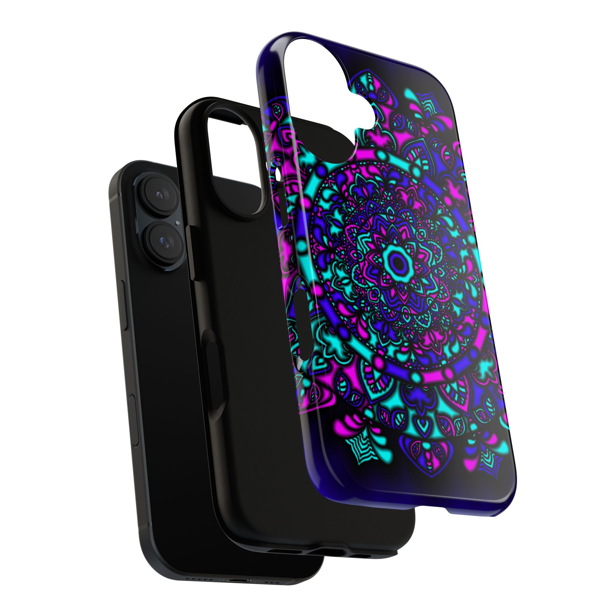 Cover protettiva resistente per telefono Mandala Neon — Viola e Verde acqua