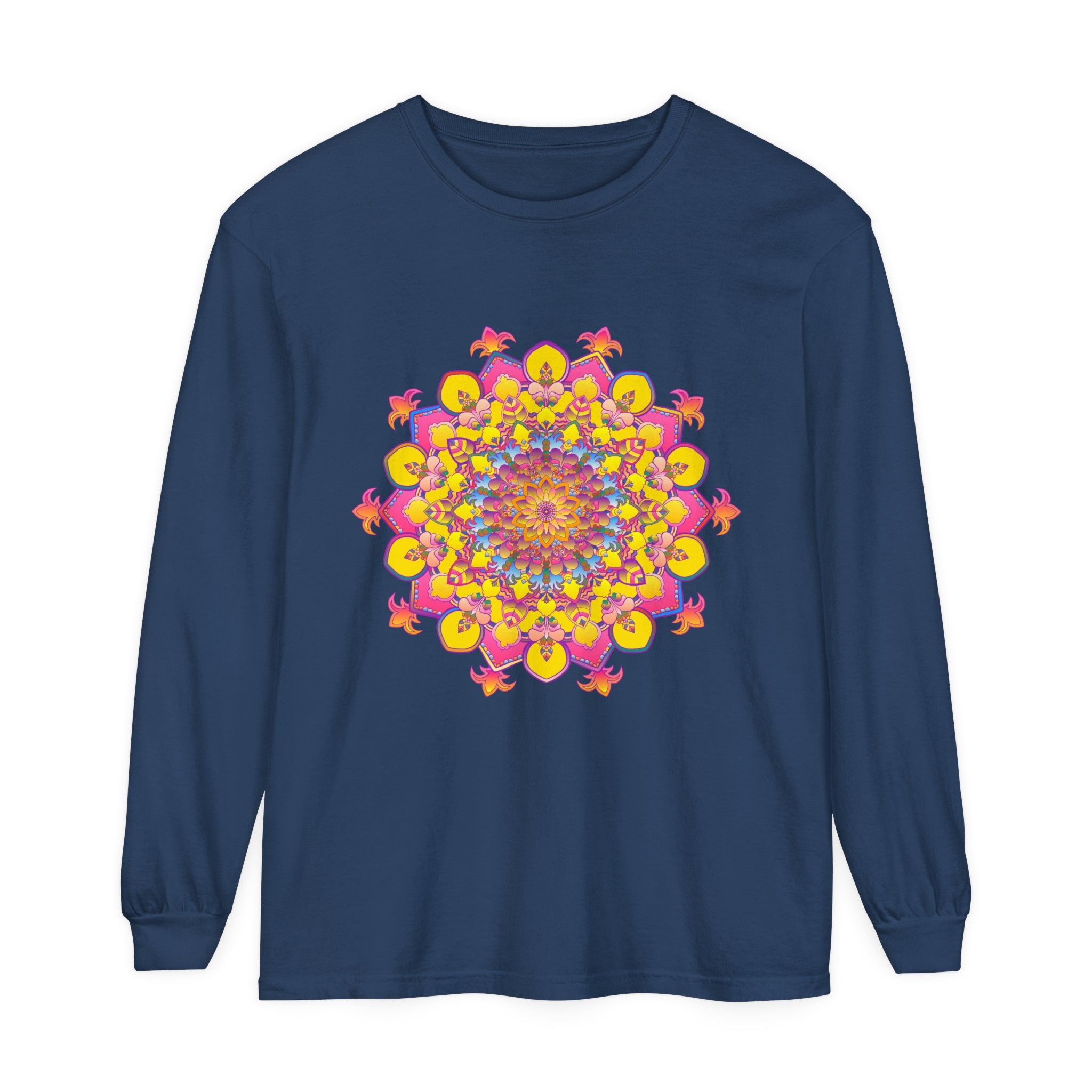 Colorful and intricate mandala design on a unisex long sleeve t-shirt