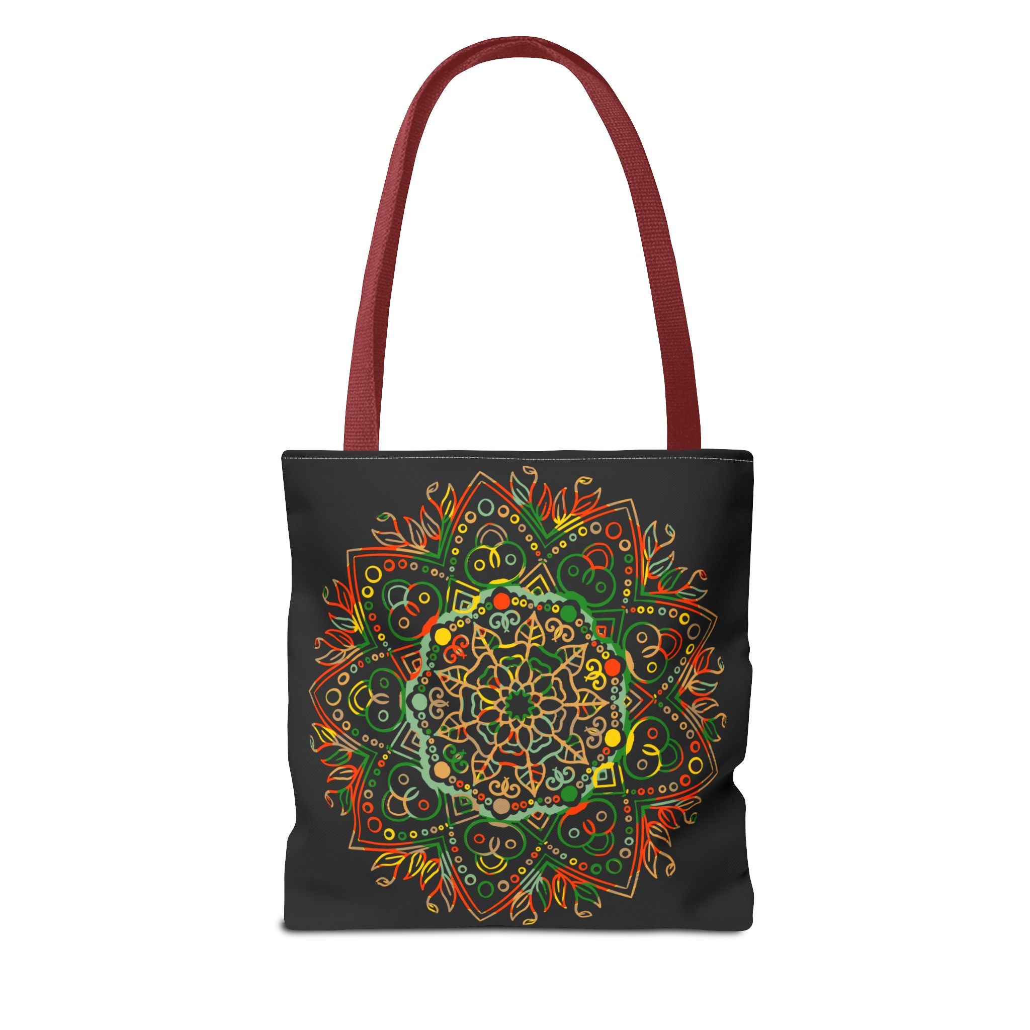 A vibrant and intricately designed Mandala Art Hand-Drawn Tote Bag with all-over print