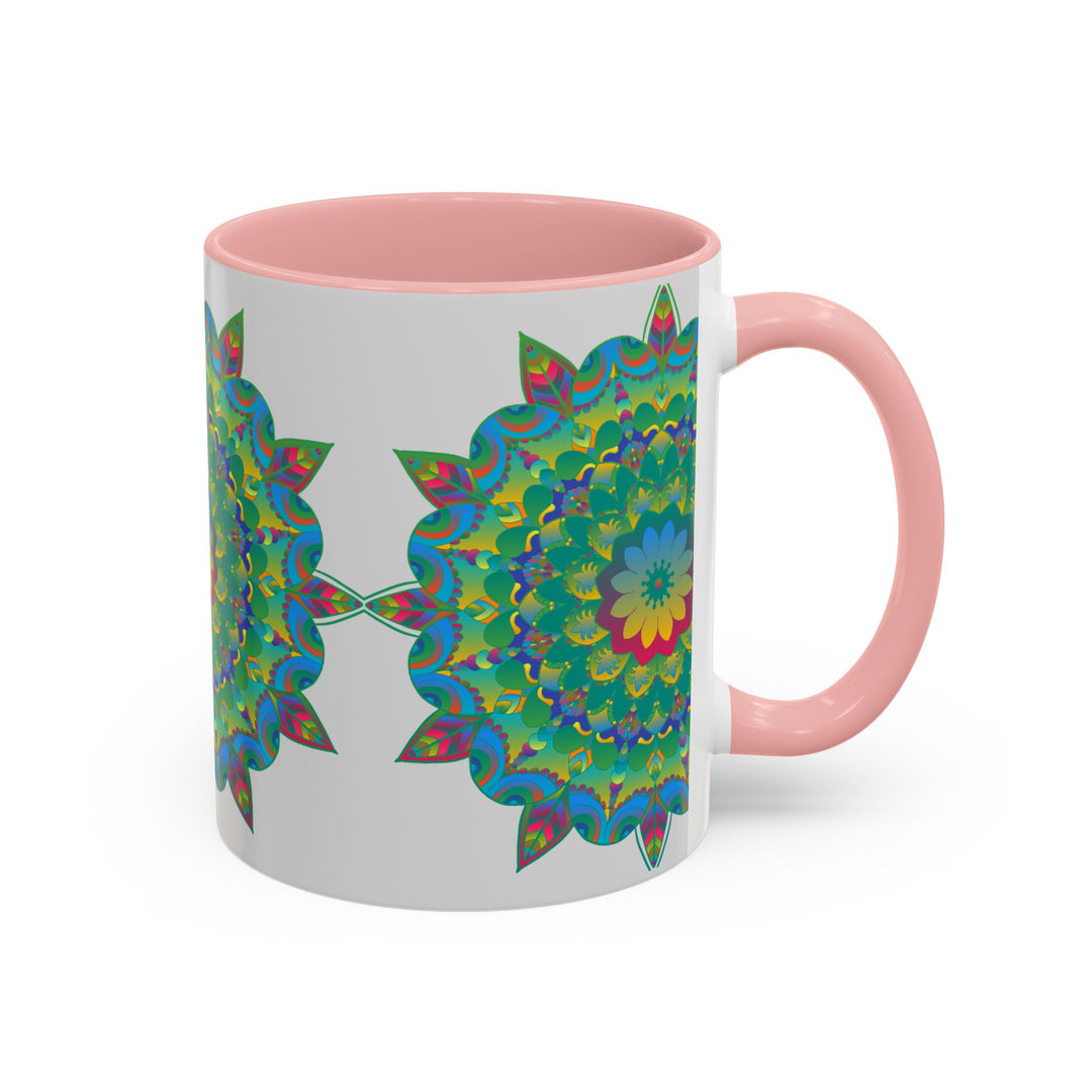 A vibrant and intricate mandala art mug with a colorful floral design