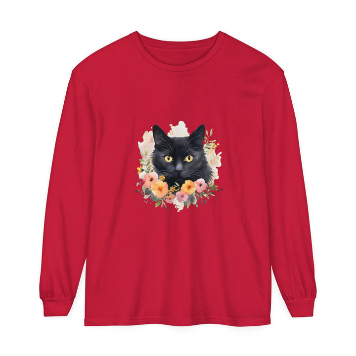 Black Cat Floral Portrait Unisex T-Shirt featuring a detailed illustration of a black cat surrounded by vibrant flowers on a comfortable and stylish shirt