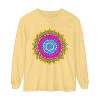 Colorful, intricate mandala design on a unisex long sleeve t-shirt