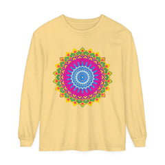 Colorful, intricate mandala design on a unisex long sleeve t-shirt