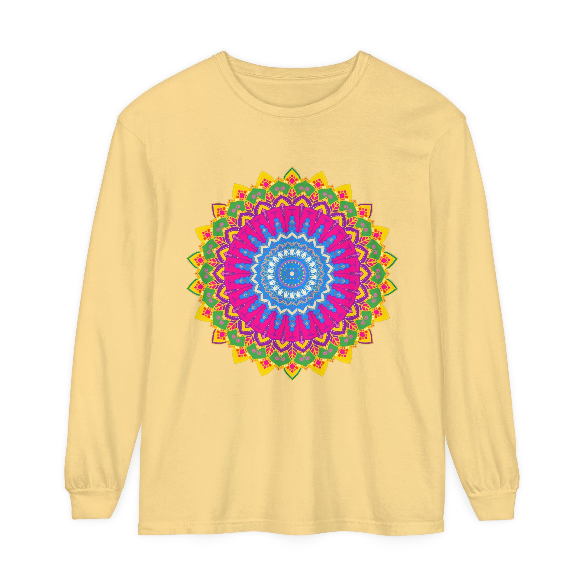 Colorful, intricate mandala design on a unisex long sleeve t-shirt