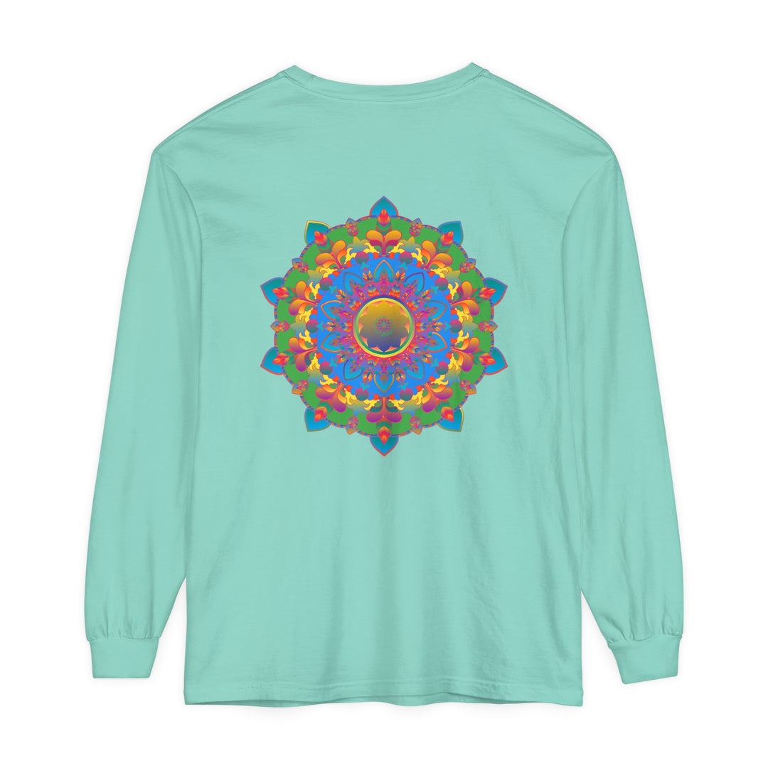 Bohemian-inspired long sleeve t-shirt featuring a vibrant and ornate mandala pattern