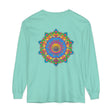 Bohemian-inspired long sleeve t-shirt featuring a vibrant and ornate mandala pattern