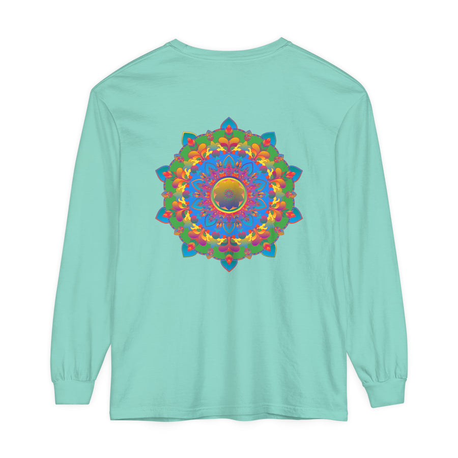 Bohemian-inspired long sleeve t-shirt featuring a vibrant and ornate mandala pattern