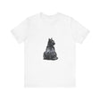 A high-quality, comfortable black t-shirt featuring a mystical and enchanting black cat design