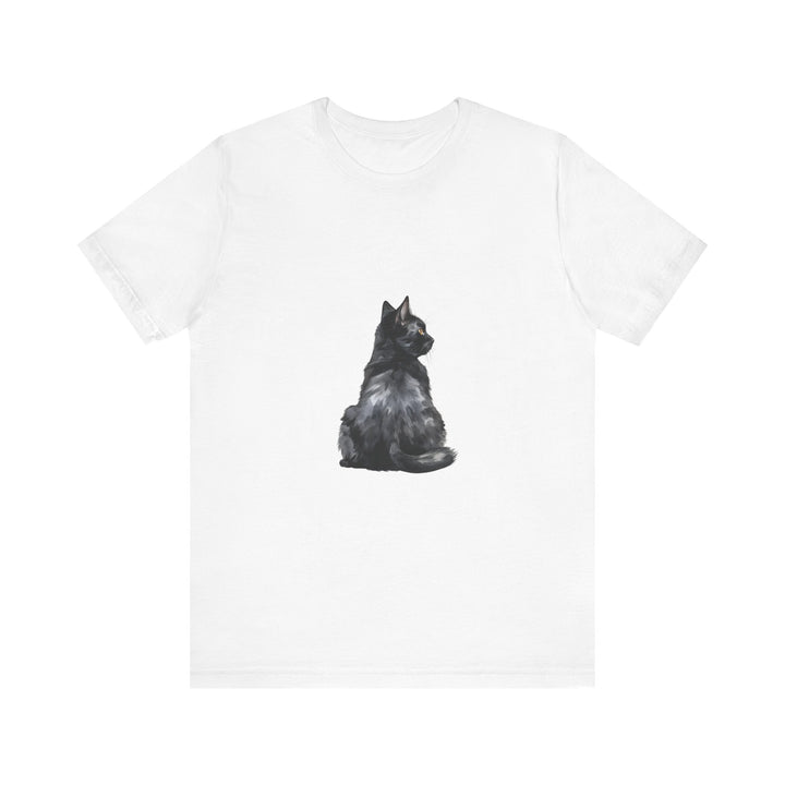 A high-quality, comfortable black t-shirt featuring a mystical and enchanting black cat design