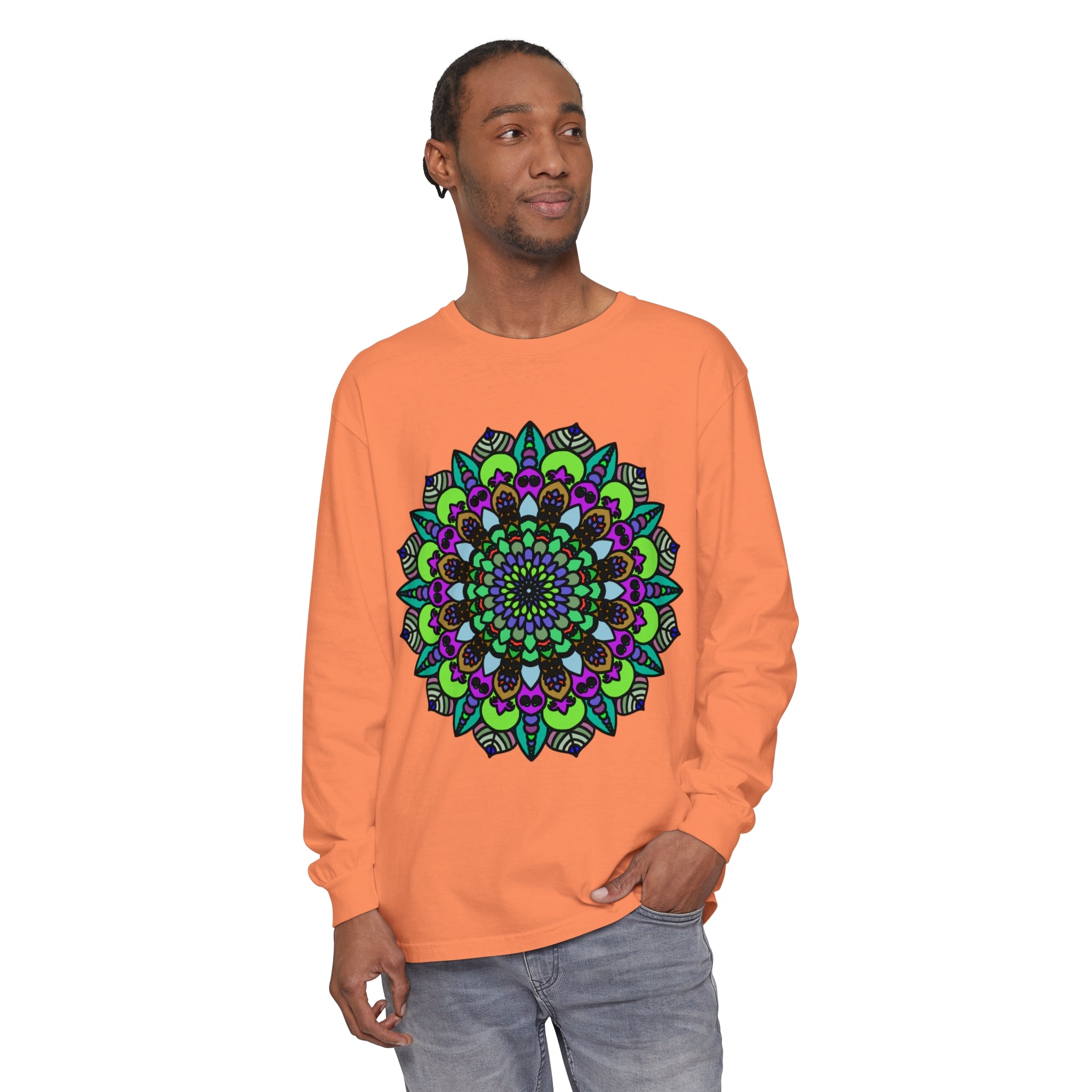 Colorful and intricate Psychedelic Mandala design on a unisex long sleeve t-shirt