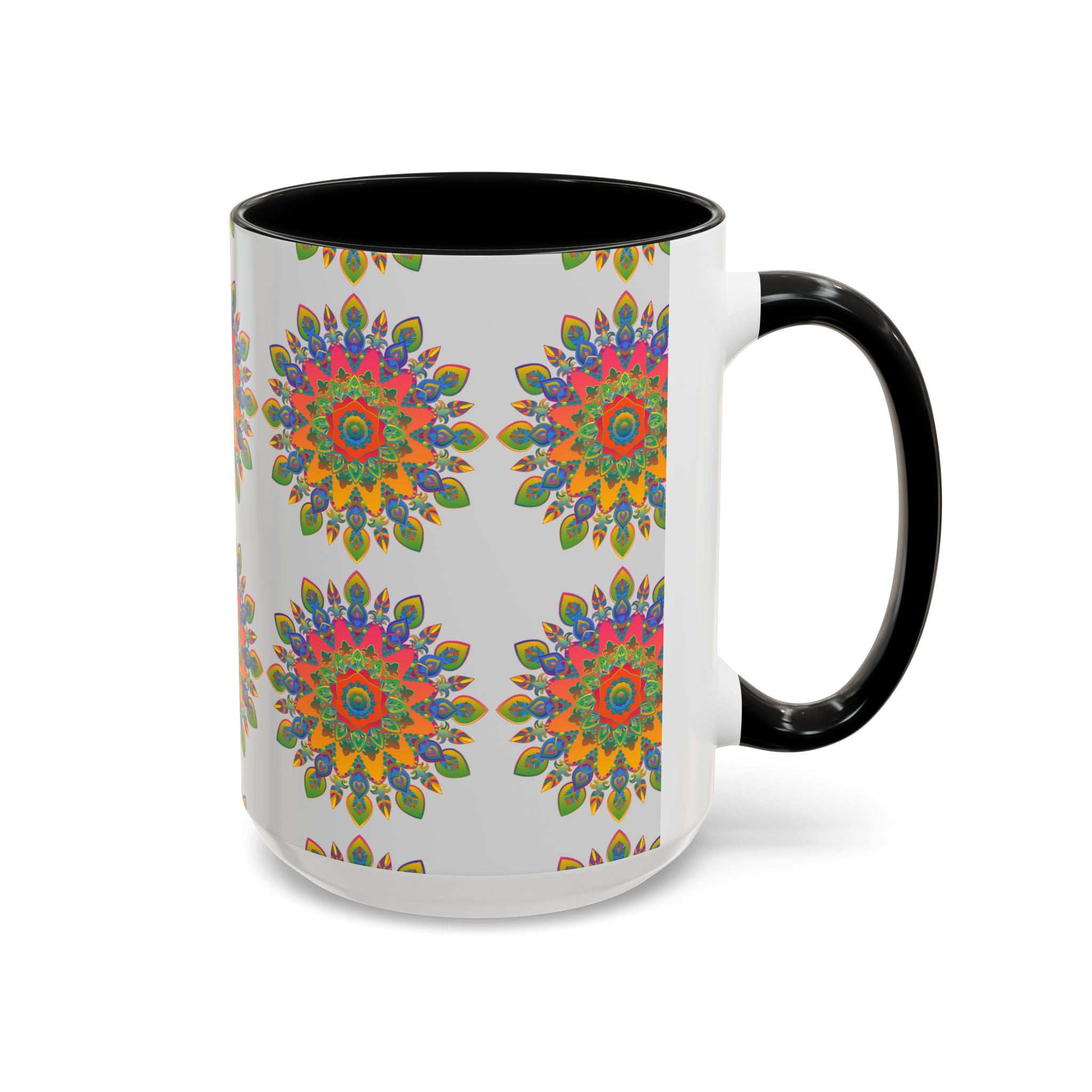 Colorful mandala mug featuring vibrant and intricate art on a grey background