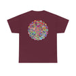 White unisex heavy cotton tee with a mandala art design promoting mindfulness and yoga