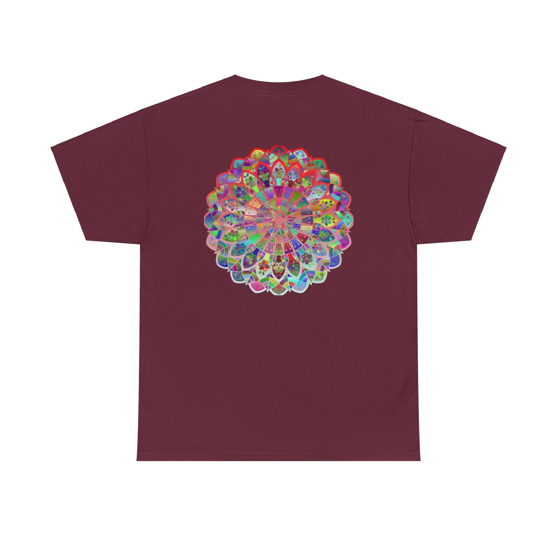 White unisex heavy cotton tee with a mandala art design promoting mindfulness and yoga