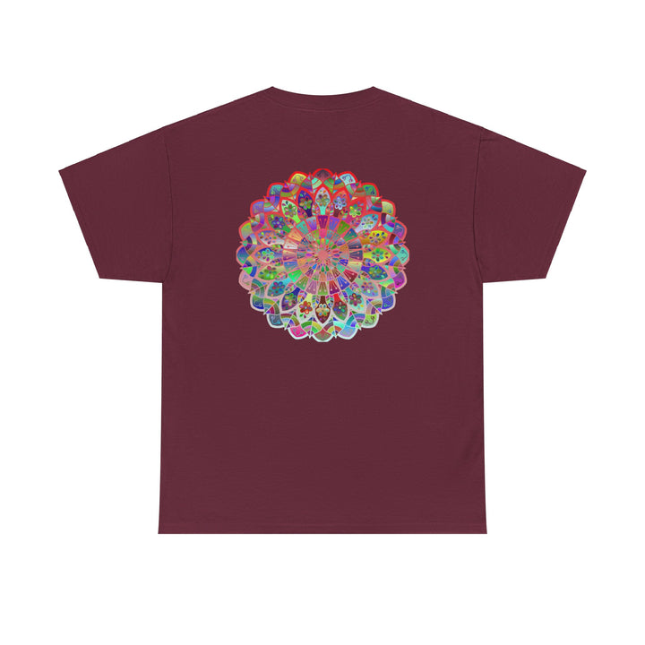 White unisex heavy cotton tee with a mandala art design promoting mindfulness and yoga