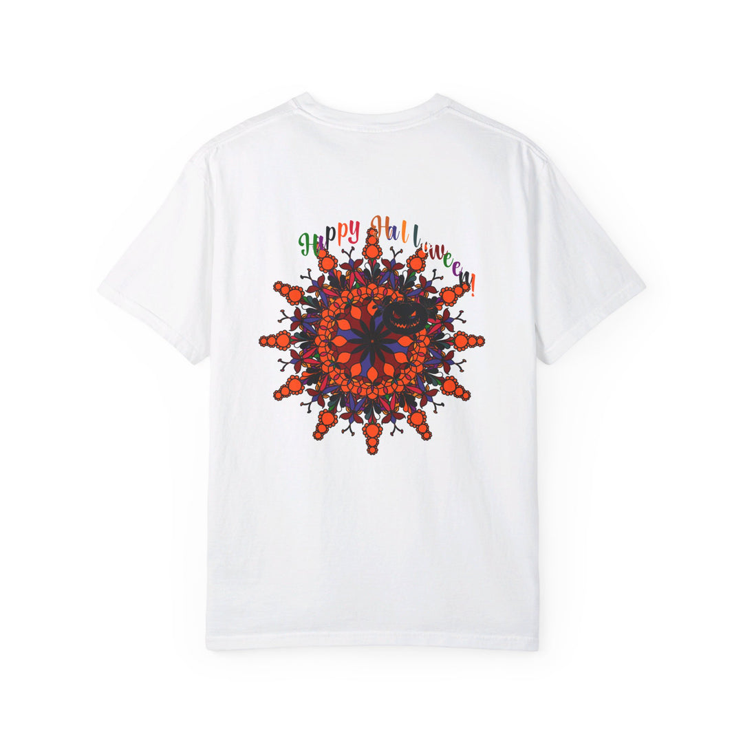 A close-up image of a unisex Halloween Mandala T-shirt featuring a handmade pumpkin mandala art design, on a garment-dyed tee