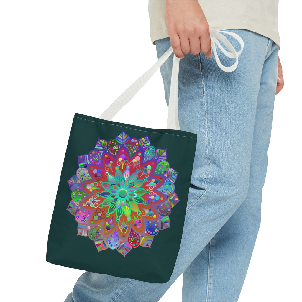 Dark green tote bag with colorful mandala design, perfect for adding a pop of color to your outfit