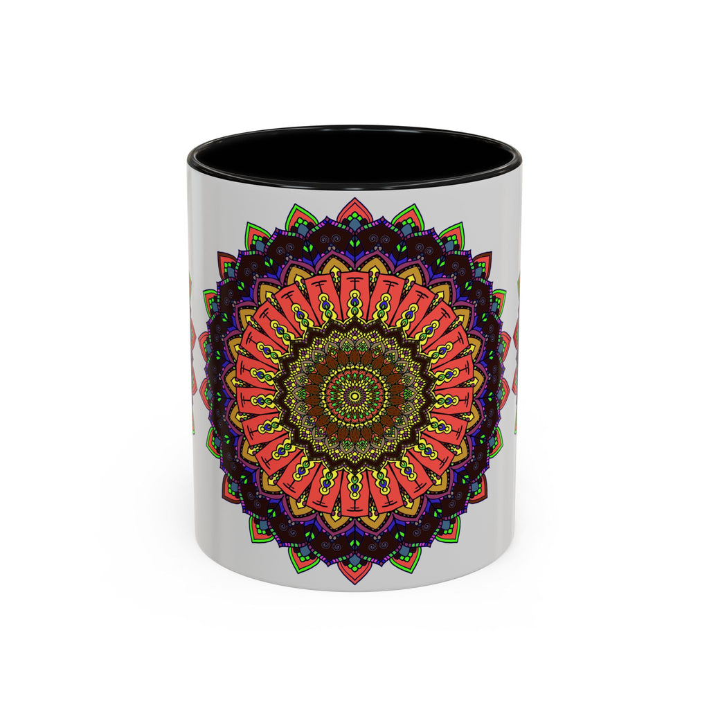 A vibrant mandala art mug featuring colorful and spiritual designs