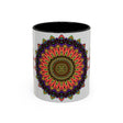 A vibrant mandala art mug featuring colorful and spiritual designs