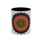 A vibrant mandala art mug featuring colorful and spiritual designs
