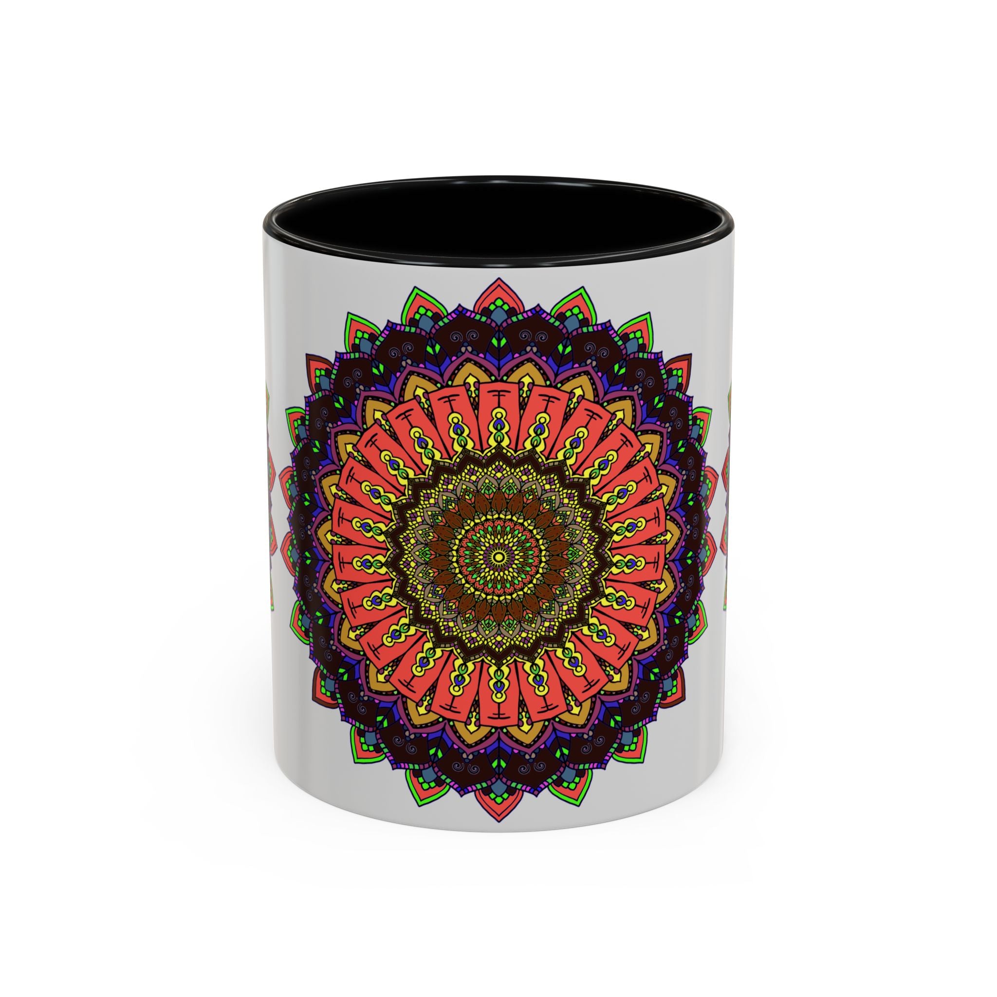 A vibrant mandala art mug featuring colorful and spiritual designs