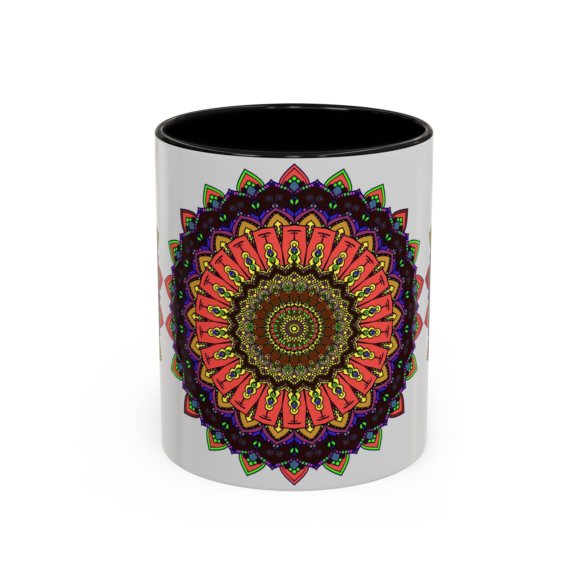 A vibrant mandala art mug featuring colorful and spiritual designs