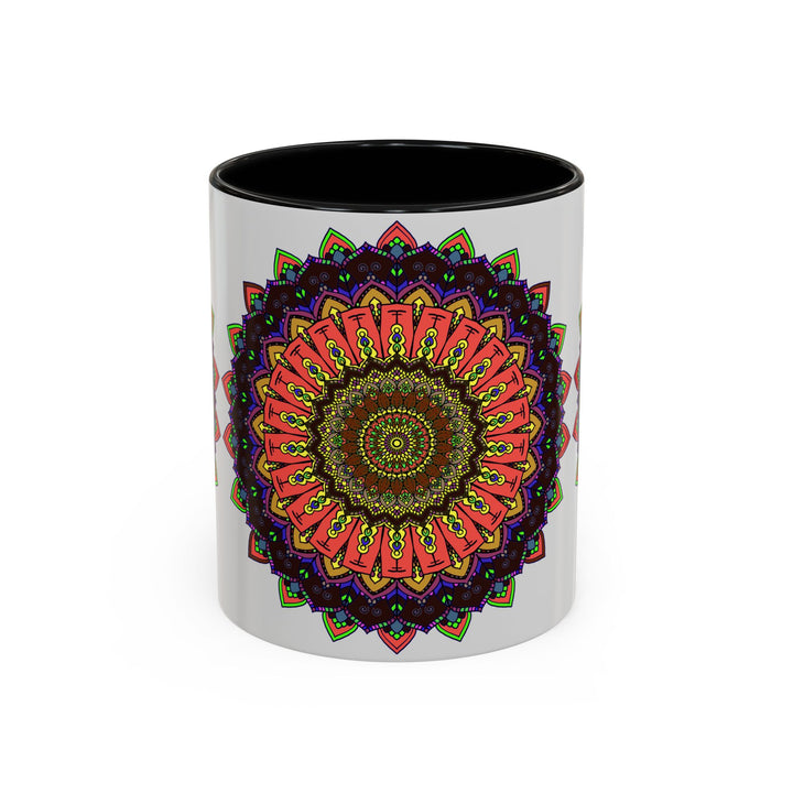 A vibrant mandala art mug featuring colorful and spiritual designs