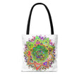 Vibrant and intricately designed mandala tote bag with colorful, abstract pattern