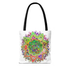 Vibrant and intricately designed mandala tote bag with colorful, abstract pattern