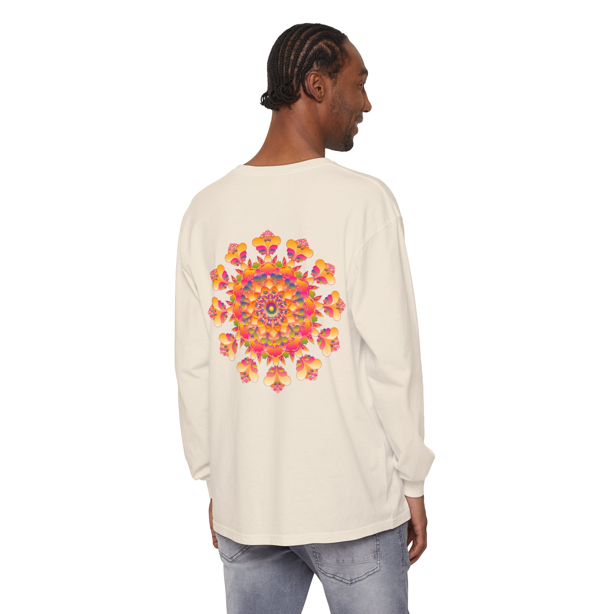 Colorful long sleeve unisex t-shirt with a vibrant mandala design