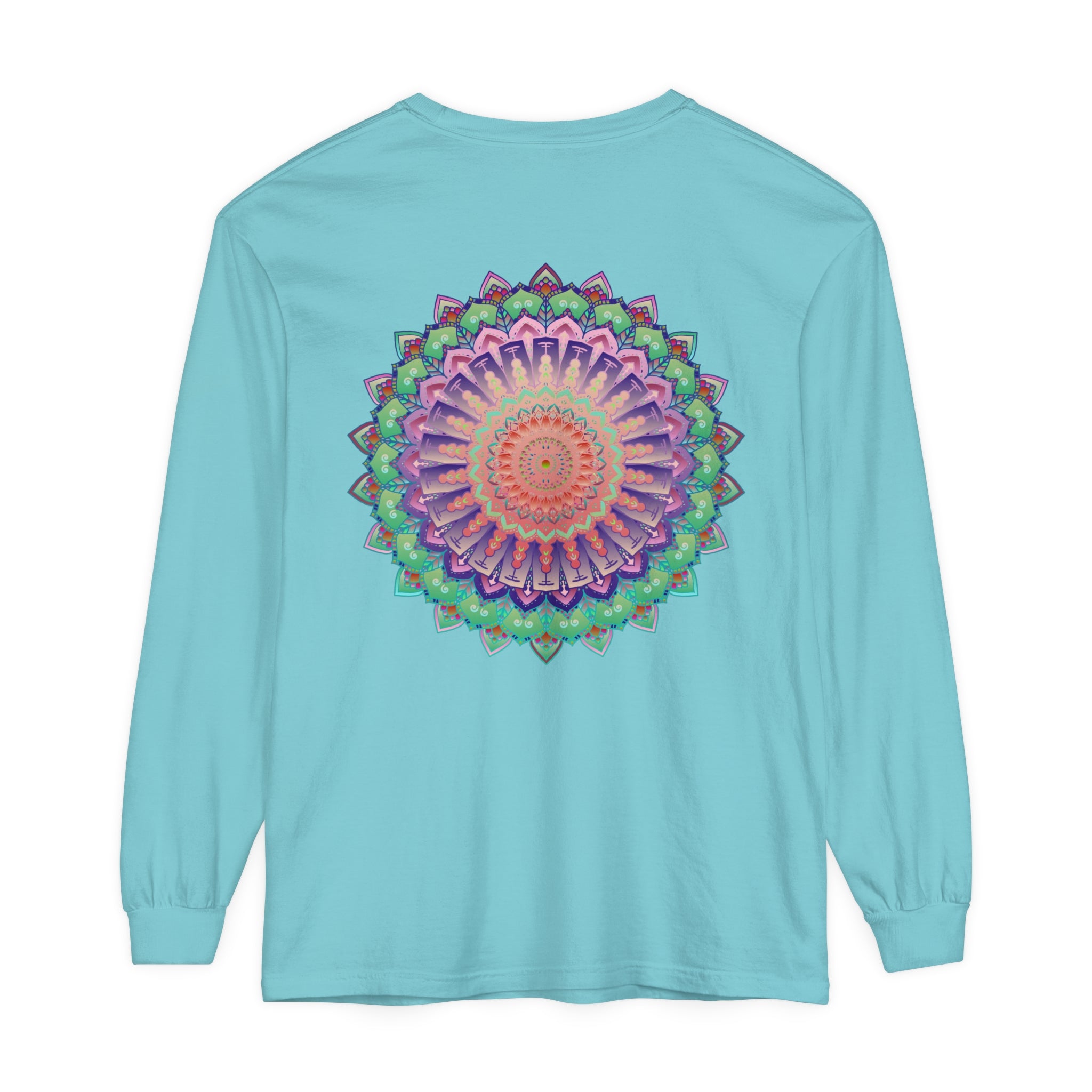 Colorful mandala long sleeve t-shirt with intricate design, suitable for both men and women