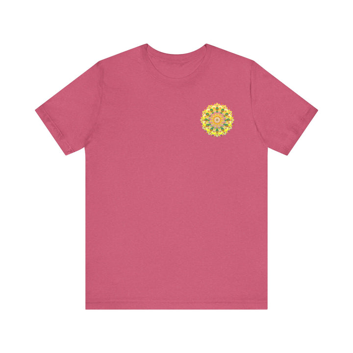 A colorful, intricate mandala design tee, symbolizing spiritual peace and harmony