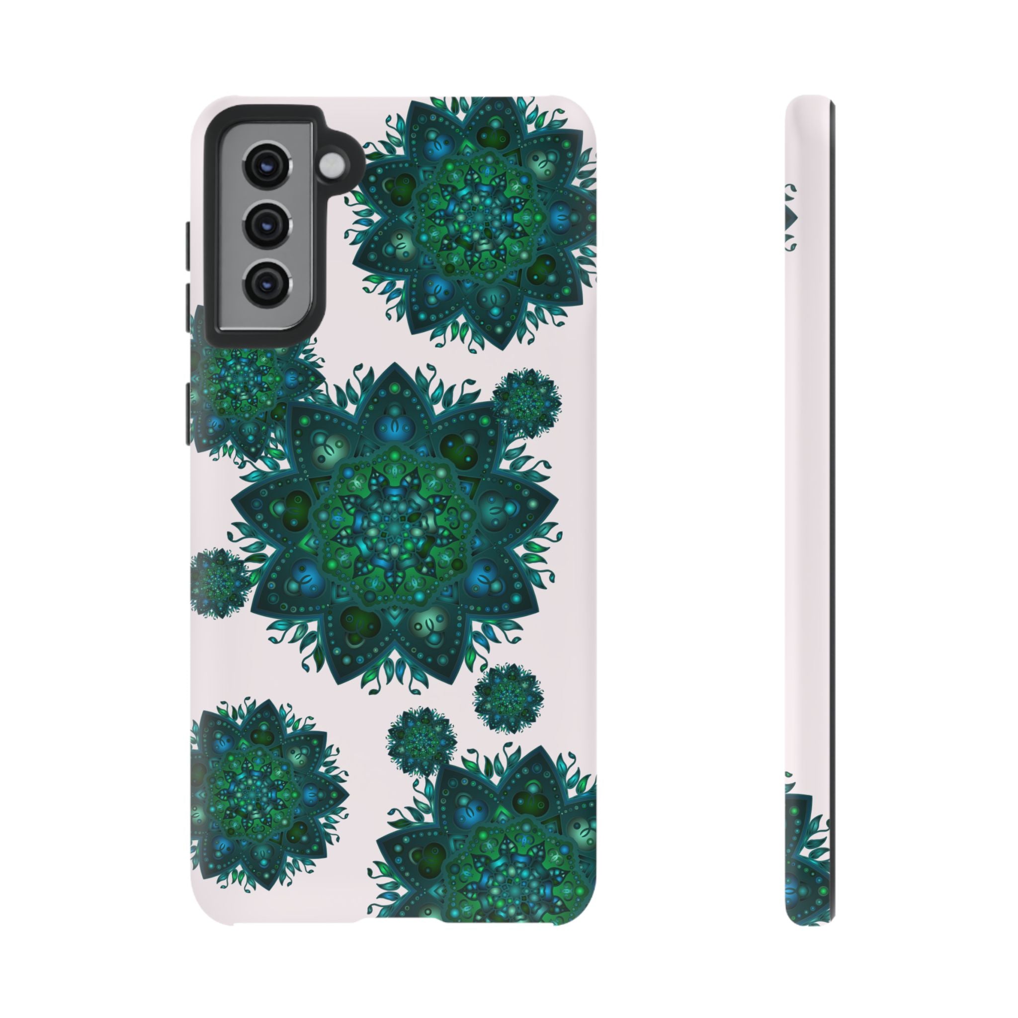 Beautiful light pink and green mandala phone case with peaceful and intricate design