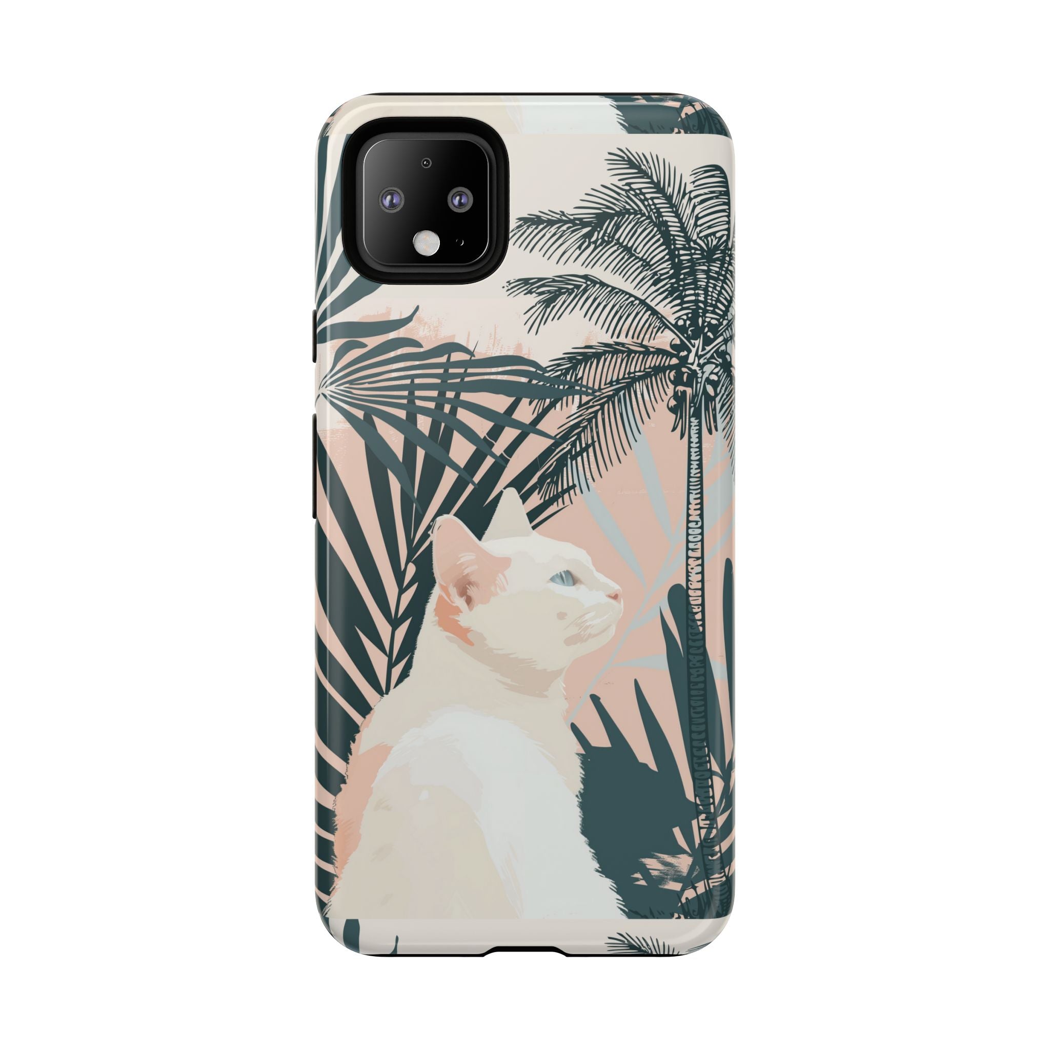 Tropische Katzen-Telefonhülle mit üppigen Palmenmotiven und sanften Pastelltönen