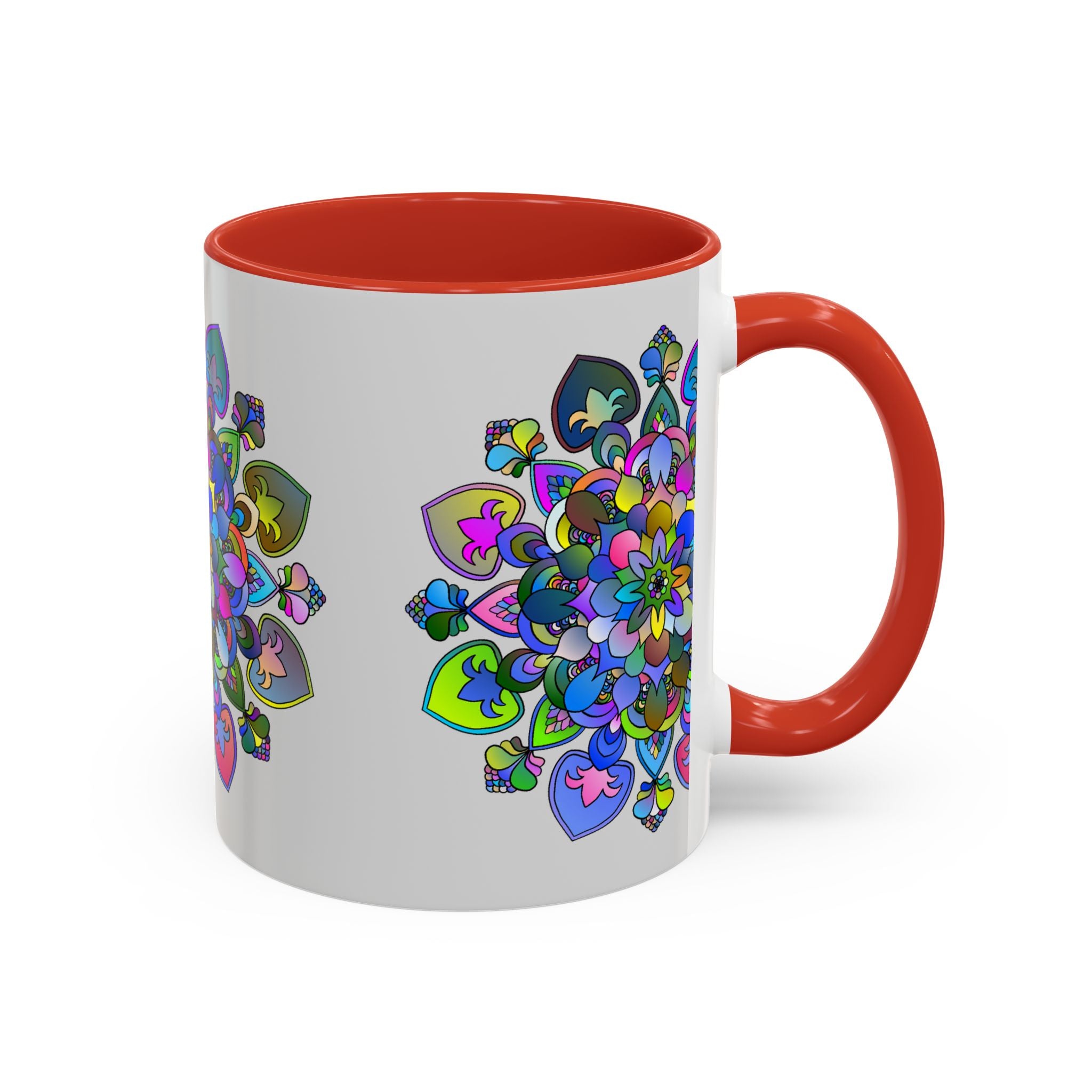 Colorful and detailed floral mandala pattern on grey background mug