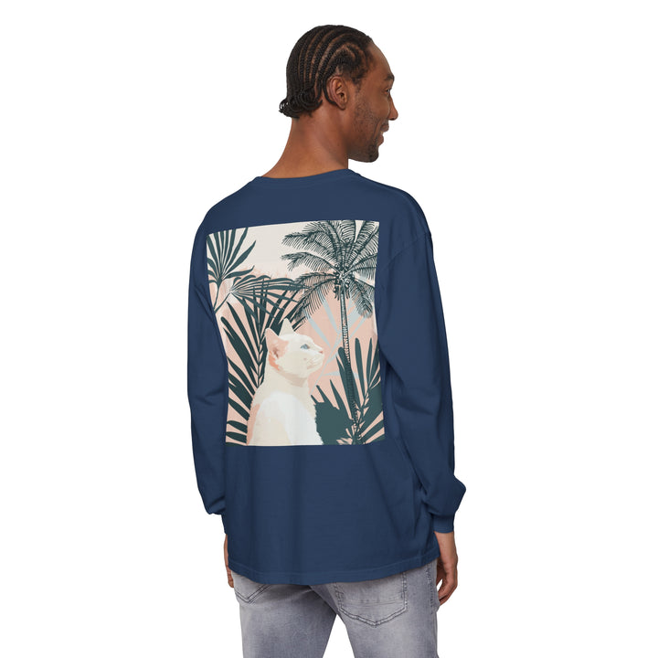 A white cat with tropical mandala design on a long sleeve t-shirt