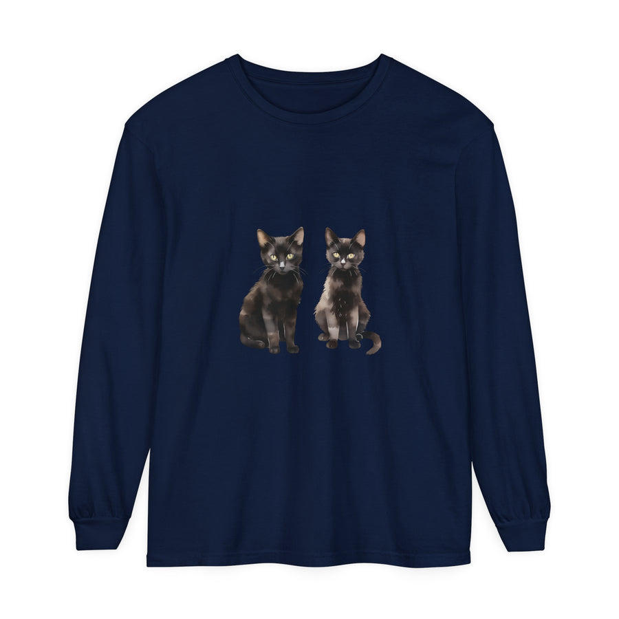 Black Cat Watercolor Art Long Sleeve T-Shirt, featuring a vibrant watercolor painting of a black cat on a comfortable long sleeve shirt