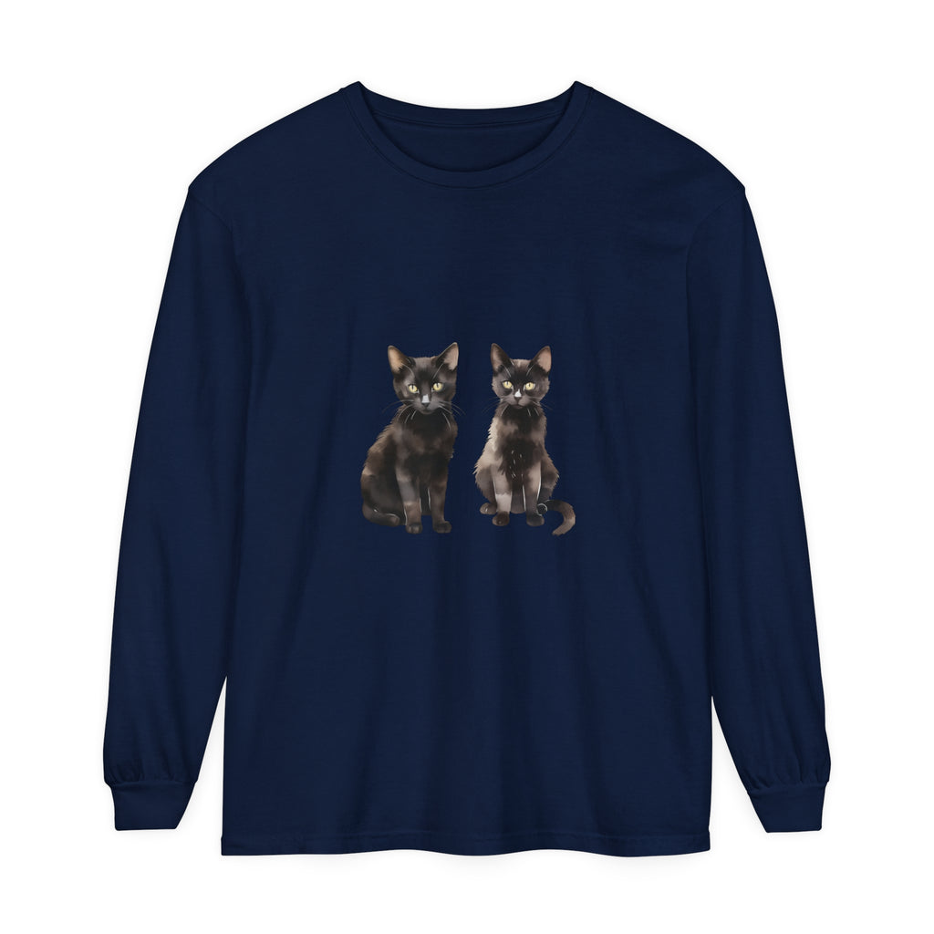 Black Cat Watercolor Art Long Sleeve T-Shirt, featuring a vibrant watercolor painting of a black cat on a comfortable long sleeve shirt