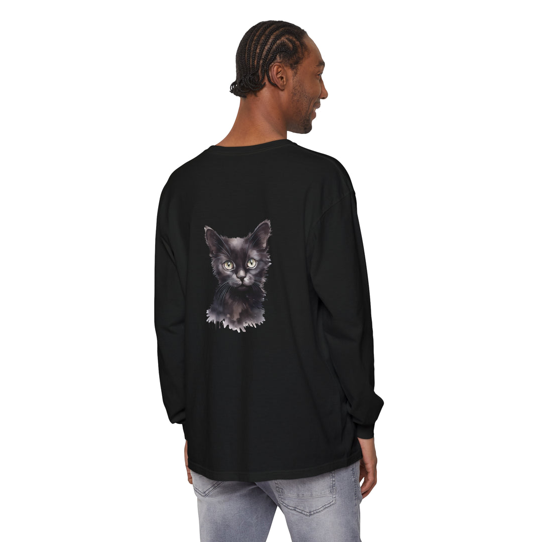 Black Cat Watercolor Long Sleeve T-Shirt featuring a colorful and vibrant watercolor design of a majestic black cat on a high-quality long sleeve tee