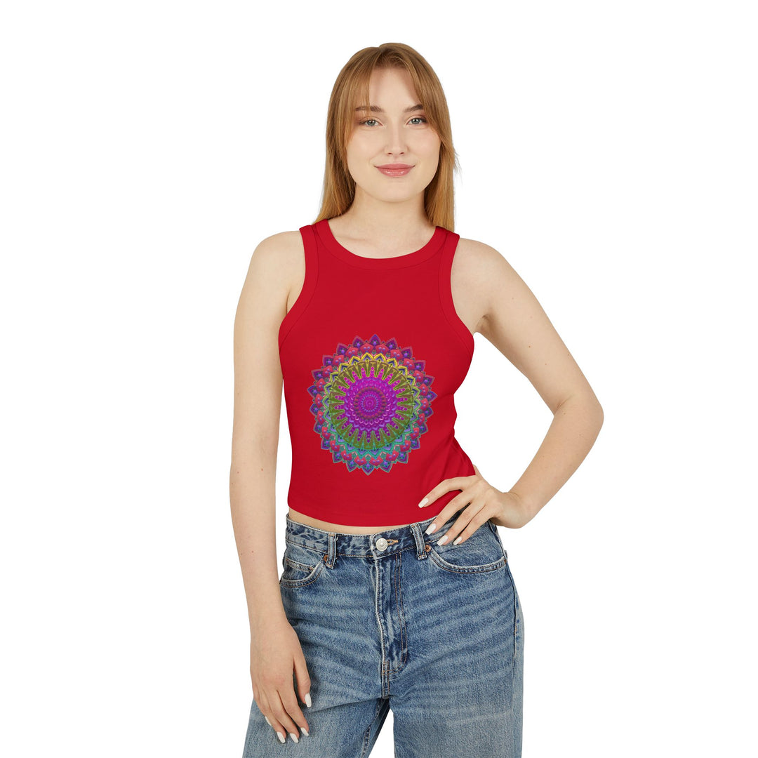 Vibrant Mandala Racerback Tank Top featuring a colorful, intricate mandala design