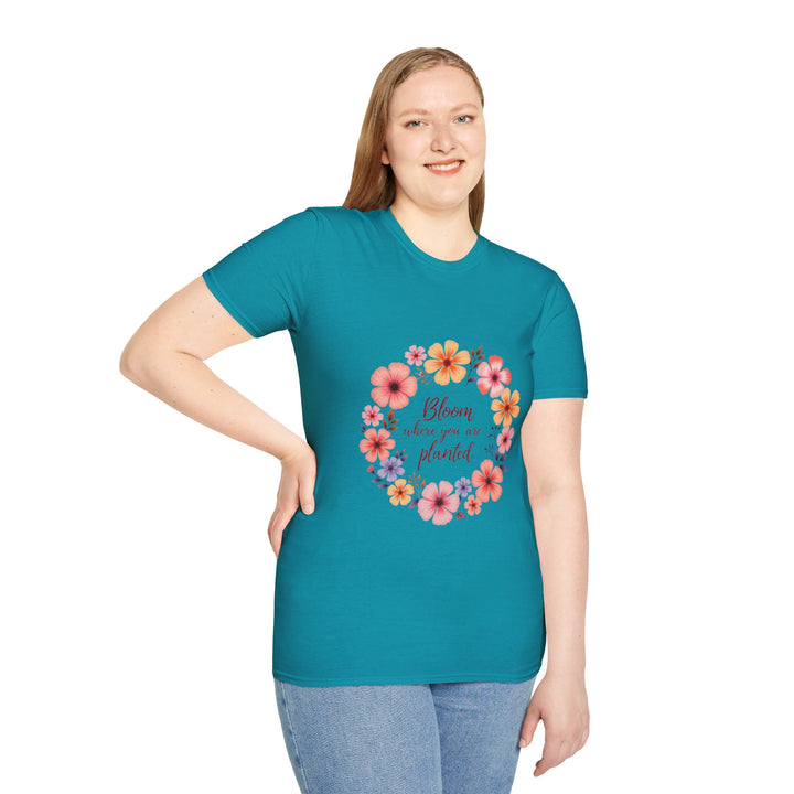 Beautiful white t-shirt with a colorful floral mandala and an inspiring quote design