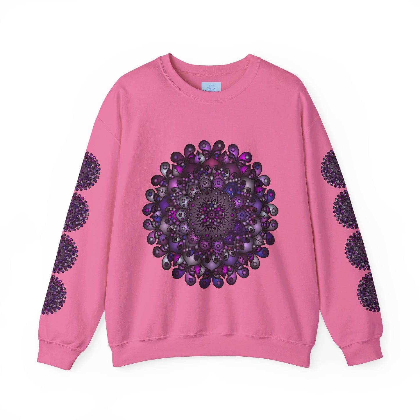 A unisex heavy blend crewneck sweatshirt featuring a vibrant purple mandala design