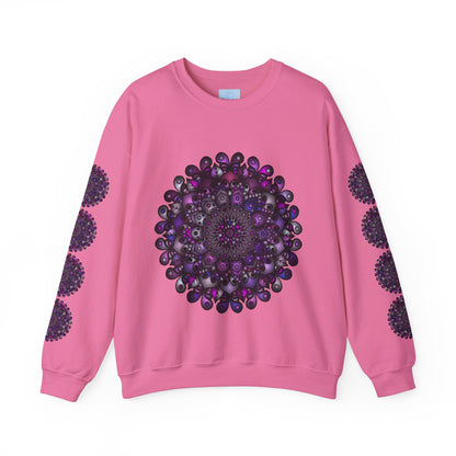 A unisex heavy blend crewneck sweatshirt featuring a vibrant purple mandala design