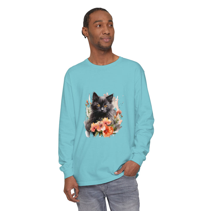 Black Cat & Flowers Watercolor T-Shirt featuring a beautiful watercolor design