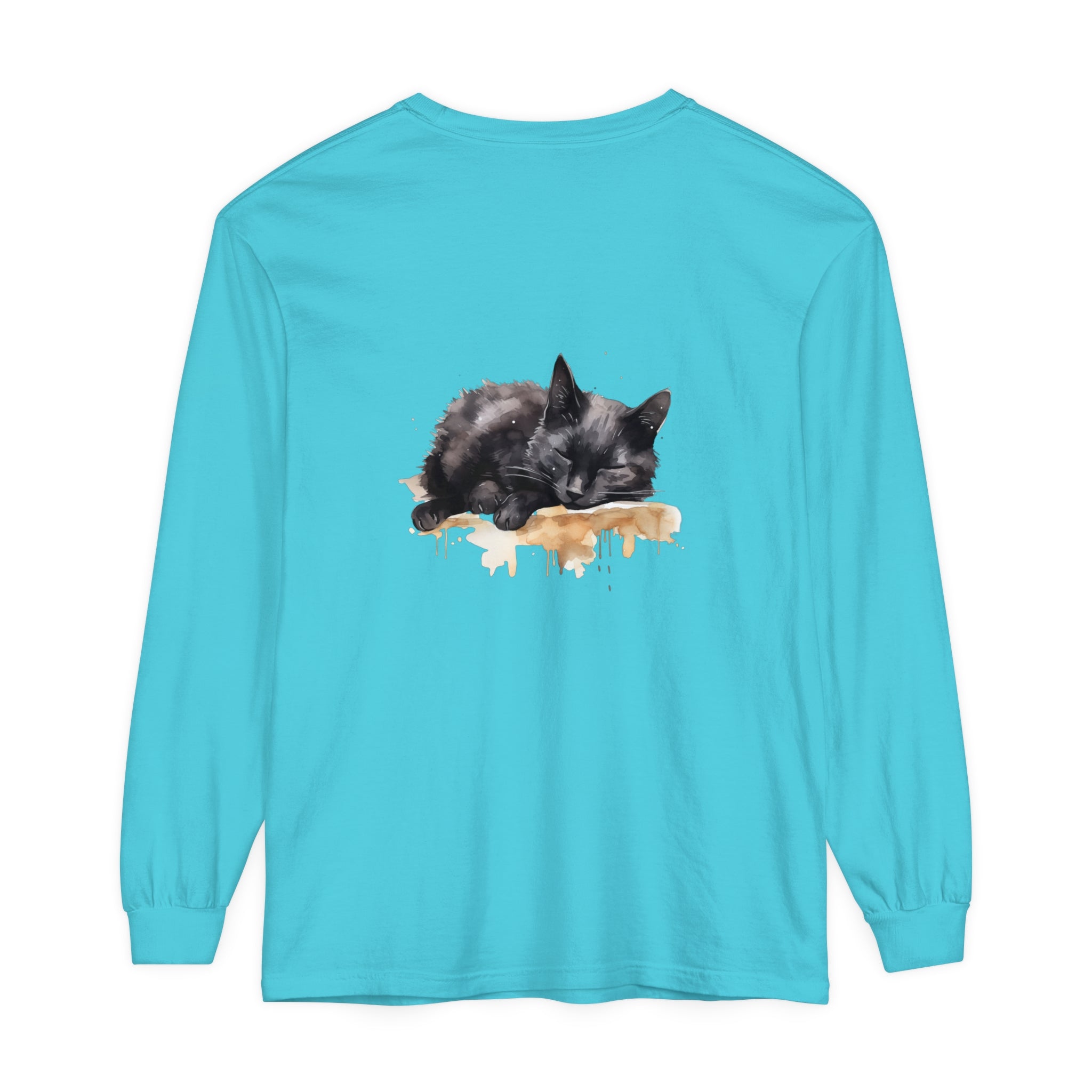 Beautiful watercolor illustration of a sleeping black cat on a t-shirt